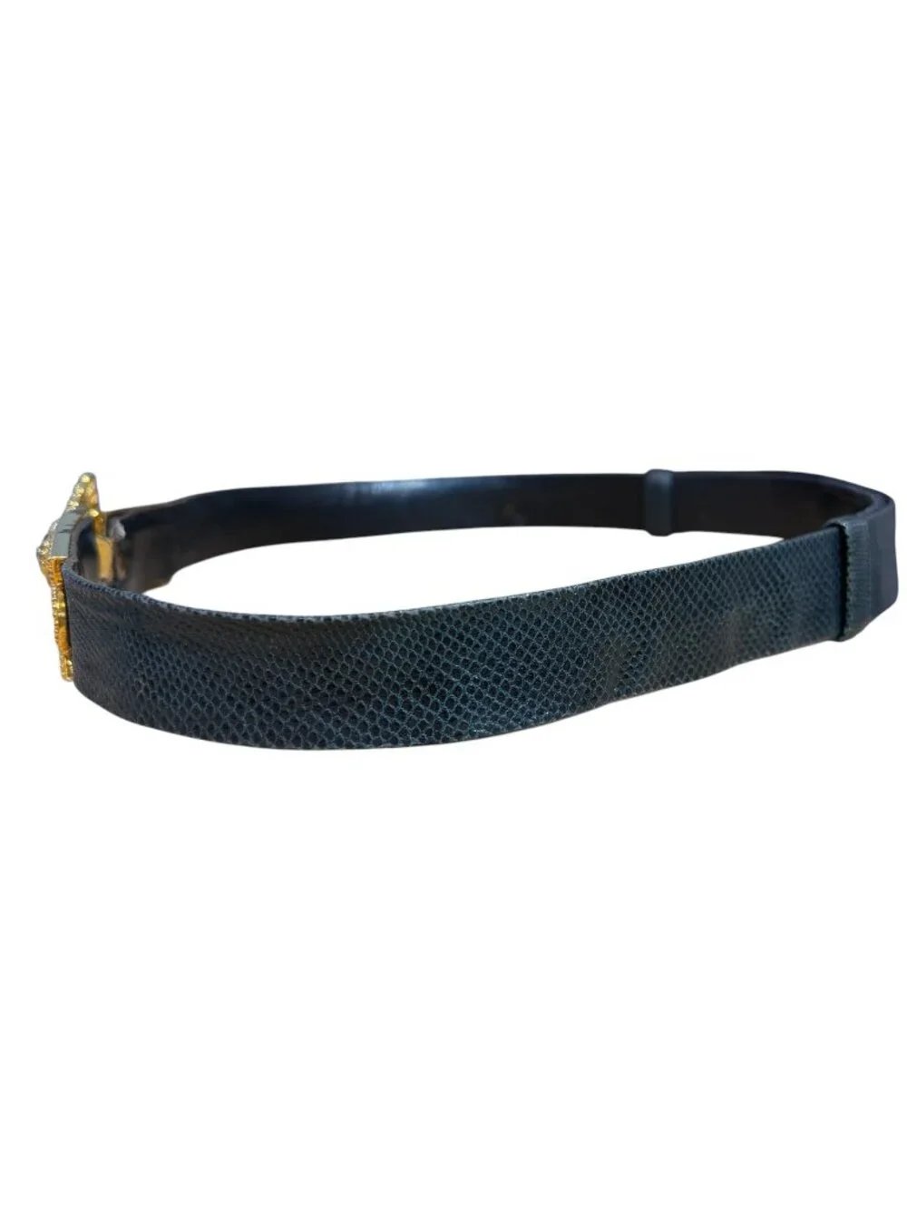Judith Leiber Venetian Style Belt Black Snakeskin Gold Tone Metal Double Buckle